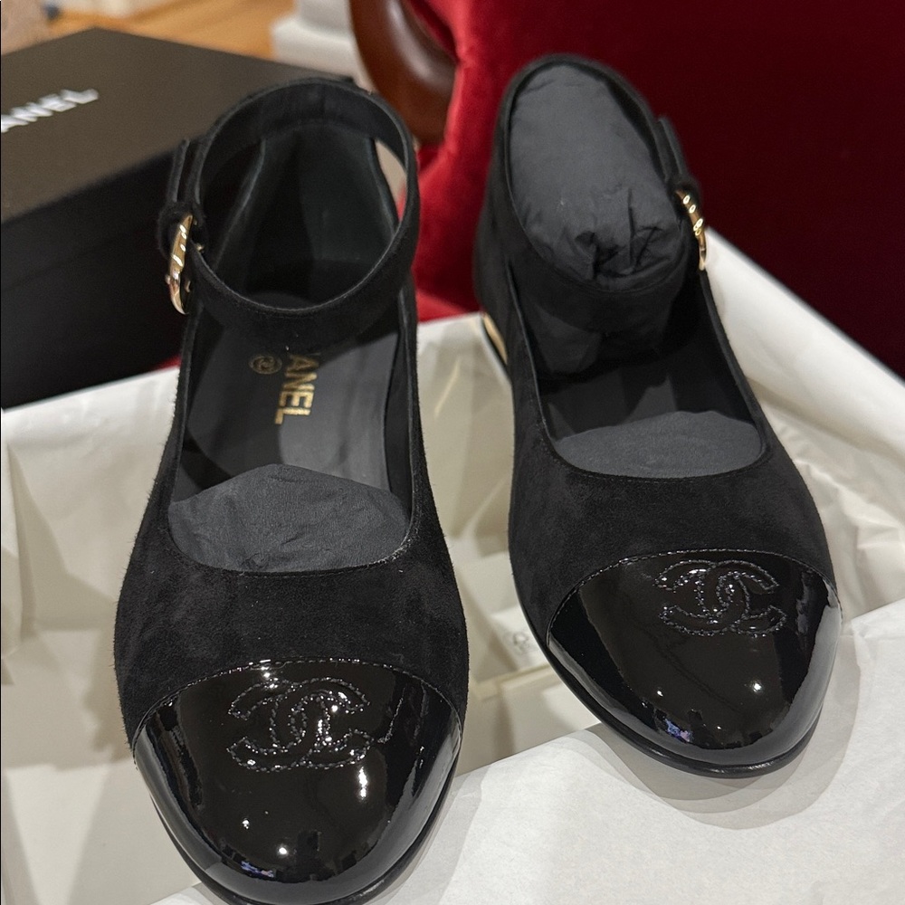 CHANEL Black Mary Jane Flats with Glossy Toe Cap